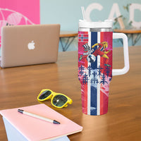 Personalized Norway Football Tumbler With Handle Viking Lion Soccer Mascot - Nordic Longship And Mountain Landscape