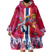 Personalized Norway Football Wearable Blanket Hoodie Viking Lion Soccer Mascot - Nordic Longship And Mountain Landscape