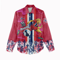 Personalized Norway Football Women Casual Shirt Viking Lion Soccer Mascot - Nordic Longship And Mountain Landscape