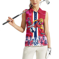 Personalized Norway Football Women Sleeveless Polo Shirt Viking Lion Soccer Mascot - Nordic Longship And Mountain Landscape