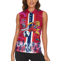 Personalized Norway Football Women Sleeveless Polo Shirt Viking Lion Soccer Mascot - Nordic Longship And Mountain Landscape