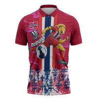 Personalized Norway Football Zipper Polo Shirt Viking Lion Soccer Mascot - Nordic Longship And Mountain Landscape