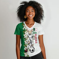 Personalized Algeria Football Desert Fox Women V-Neck T-Shirt Desert Fox Mascot Soccer Art With Floral Jasmine And Flag