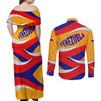 Venezuela Couples Matching Off Shoulder Maxi Dress and Long Sleeve Button Shirt with Yellow Red Blue Flag Stripe Wave Spirit