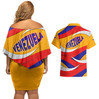 Venezuela Couples Matching Off Shoulder Short Dress and Hawaiian Shirt with Yellow Red Blue Flag Stripe Wave Spirit