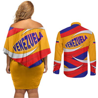 Venezuela Couples Matching Off Shoulder Short Dress and Long Sleeve Button Shirt with Yellow Red Blue Flag Stripe Wave Spirit
