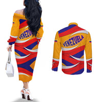 Venezuela Couples Matching Off The Shoulder Long Sleeve Dress and Long Sleeve Button Shirt with Yellow Red Blue Flag Stripe Wave Spirit