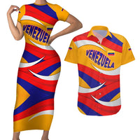 Venezuela Couples Matching Short Sleeve Bodycon Dress and Hawaiian Shirt with Yellow Red Blue Flag Stripe Wave Spirit