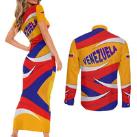 Venezuela Couples Matching Short Sleeve Bodycon Dress and Long Sleeve Button Shirt with Yellow Red Blue Flag Stripe Wave Spirit