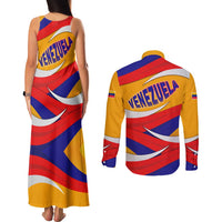 Venezuela Couples Matching Tank Maxi Dress and Long Sleeve Button Shirt with Yellow Red Blue Flag Stripe Wave Spirit