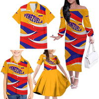 Venezuela Family Matching Off The Shoulder Long Sleeve Dress and Hawaiian Shirt with Yellow Red Blue Flag Stripe Wave Spirit