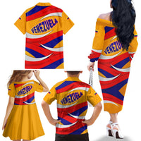Venezuela Family Matching Off The Shoulder Long Sleeve Dress and Hawaiian Shirt with Yellow Red Blue Flag Stripe Wave Spirit