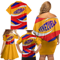 Venezuela Family Matching Off Shoulder Short Dress and Hawaiian Shirt with Yellow Red Blue Flag Stripe Wave Spirit