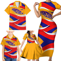 Venezuela Family Matching Short Sleeve Bodycon Dress and Hawaiian Shirt with Yellow Red Blue Flag Stripe Wave Spirit