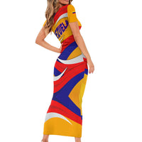 Venezuela Family Matching Short Sleeve Bodycon Dress and Hawaiian Shirt with Yellow Red Blue Flag Stripe Wave Spirit