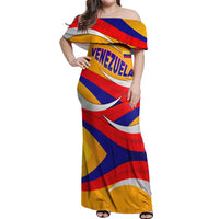 Venezuela Off Shoulder Maxi Dress with Yellow Red Blue Flag Stripe Wave Spirit