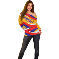 Venezuela Off Shoulder Sweater with Yellow Red Blue Flag Stripe Wave Spirit