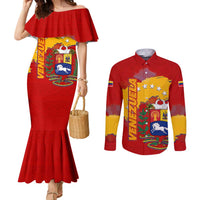 Venezuela Couples Matching Mermaid Dress and Long Sleeve Button Shirt with National Coat of Arms Flag Map Spirit