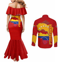 Venezuela Couples Matching Mermaid Dress and Long Sleeve Button Shirt with National Coat of Arms Flag Map Spirit