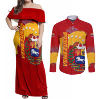 Venezuela Couples Matching Off Shoulder Maxi Dress and Long Sleeve Button Shirt with National Coat of Arms Flag Map Spirit