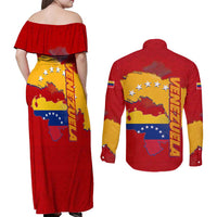 Venezuela Couples Matching Off Shoulder Maxi Dress and Long Sleeve Button Shirt with National Coat of Arms Flag Map Spirit