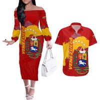 Venezuela Couples Matching Off The Shoulder Long Sleeve Dress and Hawaiian Shirt with National Coat of Arms Flag Map Spirit
