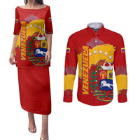 Venezuela Couples Matching Puletasi and Long Sleeve Button Shirt with National Coat of Arms Flag Map Spirit