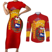 Venezuela Couples Matching Short Sleeve Bodycon Dress and Long Sleeve Button Shirt with National Coat of Arms Flag Map Spirit