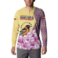 Venezuela Button Sweatshirt with National Bird Orchid Flower Coat of Arms Spirit