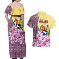 Venezuela Couples Matching Off Shoulder Maxi Dress and Hawaiian Shirt with National Bird Orchid Flower Coat of Arms Spirit