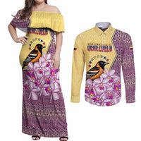 Venezuela Couples Matching Off Shoulder Maxi Dress and Long Sleeve Button Shirt with National Bird Orchid Flower Coat of Arms Spirit