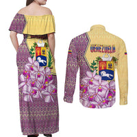 Venezuela Couples Matching Off Shoulder Maxi Dress and Long Sleeve Button Shirt with National Bird Orchid Flower Coat of Arms Spirit