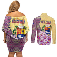 Venezuela Couples Matching Off Shoulder Short Dress and Long Sleeve Button Shirt with National Bird Orchid Flower Coat of Arms Spirit