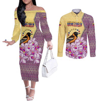 Venezuela Couples Matching Off The Shoulder Long Sleeve Dress and Long Sleeve Button Shirt with National Bird Orchid Flower Coat of Arms Spirit