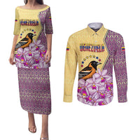 Venezuela Couples Matching Puletasi and Long Sleeve Button Shirt with National Bird Orchid Flower Coat of Arms Spirit
