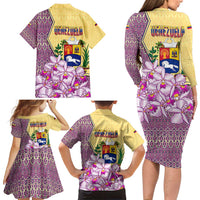 Venezuela Family Matching Long Sleeve Bodycon Dress and Hawaiian Shirt with National Bird Orchid Flower Coat of Arms Spirit