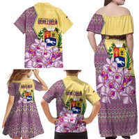 Venezuela Family Matching Off Shoulder Maxi Dress and Hawaiian Shirt with National Bird Orchid Flower Coat of Arms Spirit