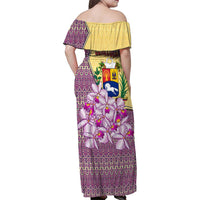 Venezuela Family Matching Off Shoulder Maxi Dress and Hawaiian Shirt with National Bird Orchid Flower Coat of Arms Spirit