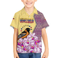 Venezuela Family Matching Off Shoulder Maxi Dress and Hawaiian Shirt with National Bird Orchid Flower Coat of Arms Spirit