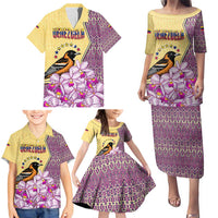 Venezuela Family Matching Puletasi and Hawaiian Shirt with National Bird Orchid Flower Coat of Arms Spirit