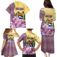 Venezuela Family Matching Puletasi and Hawaiian Shirt with National Bird Orchid Flower Coat of Arms Spirit