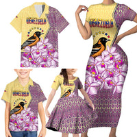 Venezuela Family Matching Short Sleeve Bodycon Dress and Hawaiian Shirt with National Bird Orchid Flower Coat of Arms Spirit