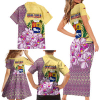 Venezuela Family Matching Short Sleeve Bodycon Dress and Hawaiian Shirt with National Bird Orchid Flower Coat of Arms Spirit
