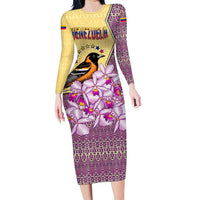 Venezuela Long Sleeve Bodycon Dress with National Bird Orchid Flower Coat of Arms Spirit