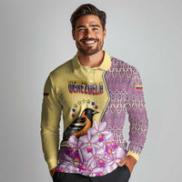 Venezuela Long Sleeve Polo Shirt with National Bird Orchid Flower Coat of Arms Spirit