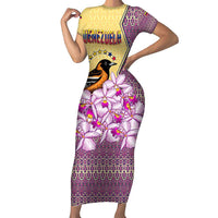 Venezuela Short Sleeve Bodycon Dress with National Bird Orchid Flower Coat of Arms Spirit