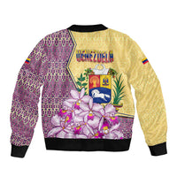 Venezuela Sleeve Zip Bomber Jacket with National Bird Orchid Flower Coat of Arms Spirit