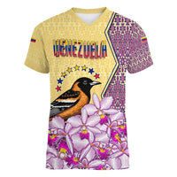 Venezuela Women V-Neck T-Shirt with National Bird Orchid Flower Coat of Arms Spirit