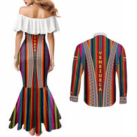 Venezuela Couples Matching Mermaid Dress and Long Sleeve Button Shirt with Andean Multicolor Woven Textile Stripe Spirit
