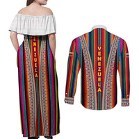 Venezuela Couples Matching Off Shoulder Maxi Dress and Long Sleeve Button Shirt with Andean Multicolor Woven Textile Stripe Spirit